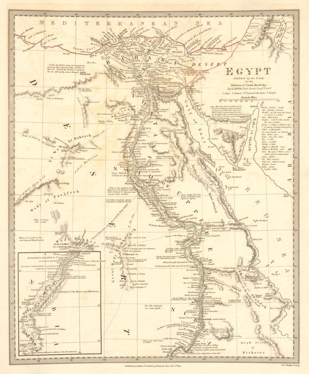 EGYPT. Nile valley. Original outline colour. SDUK 1848 old antique map chart