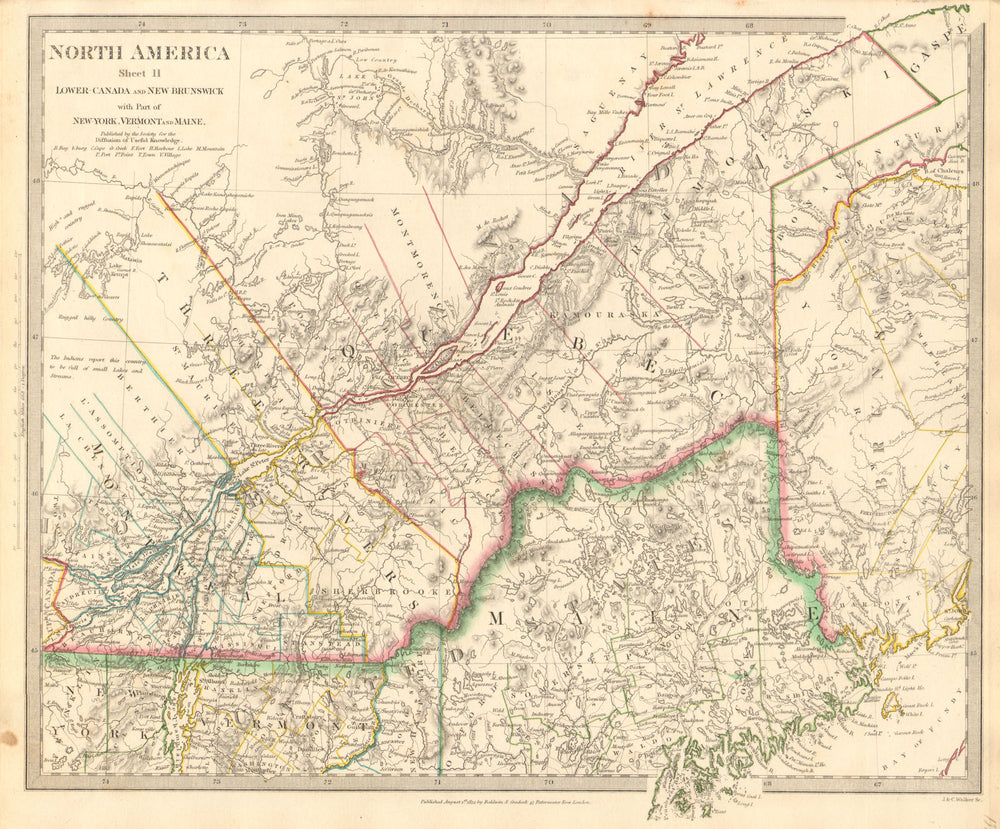 QUEBEC. Québec. Canada.Montreal.Three Rivers.Maine.New Brunswick.SDUK 1848 map