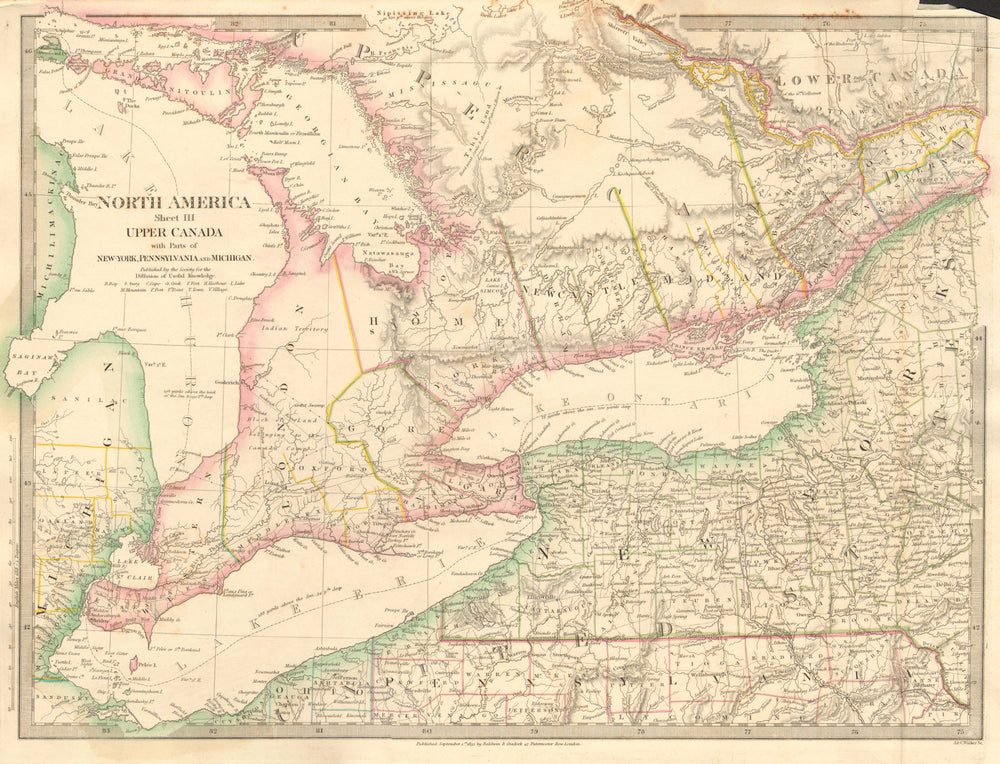 GREAT LAKES.Upper Canada districts <1849.Lake Huron Erie Ontario.SDUK 1848 map