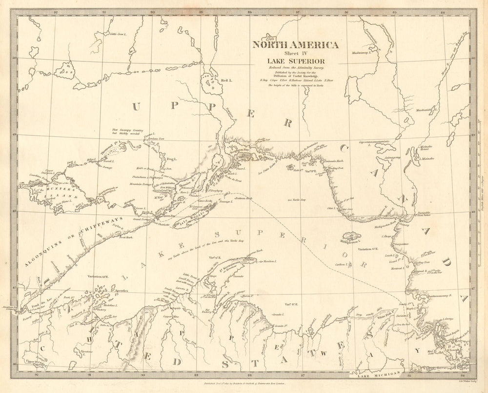 LAKE SUPERIOR.Canada USA Ontario Chippewa Michigan.Indian tribes.SDUK 1848 map