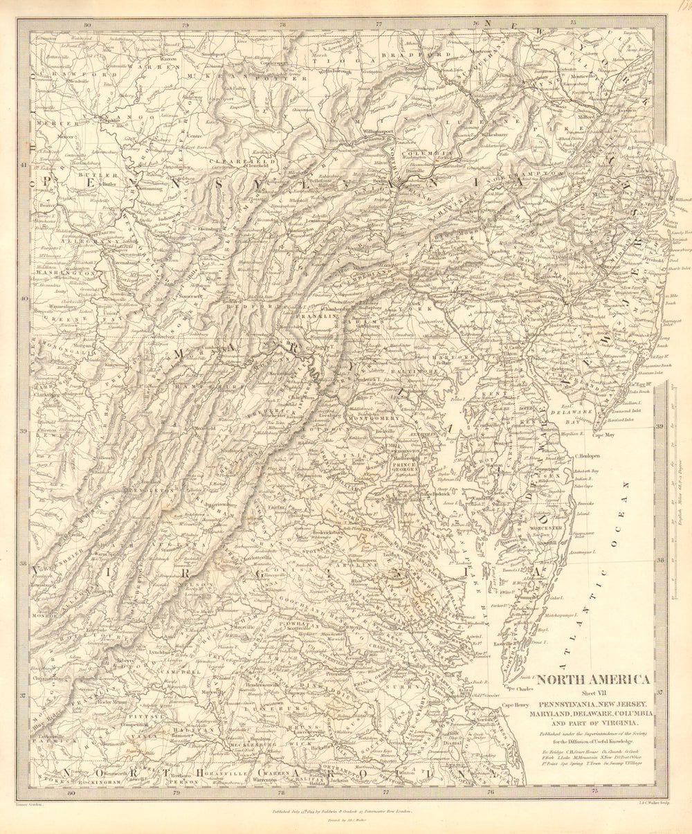 USA. Pennsylvania New Jersey Maryland Delaware DC Virginia. SDUK 1848 old map