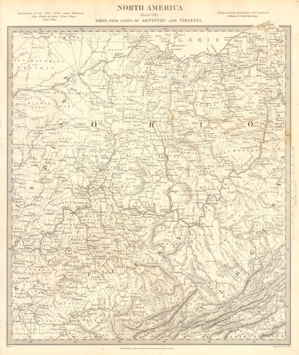 USA. Ohio with parts of Kentucky, Virginia & Indiana. Counties. SDUK 1848 map
