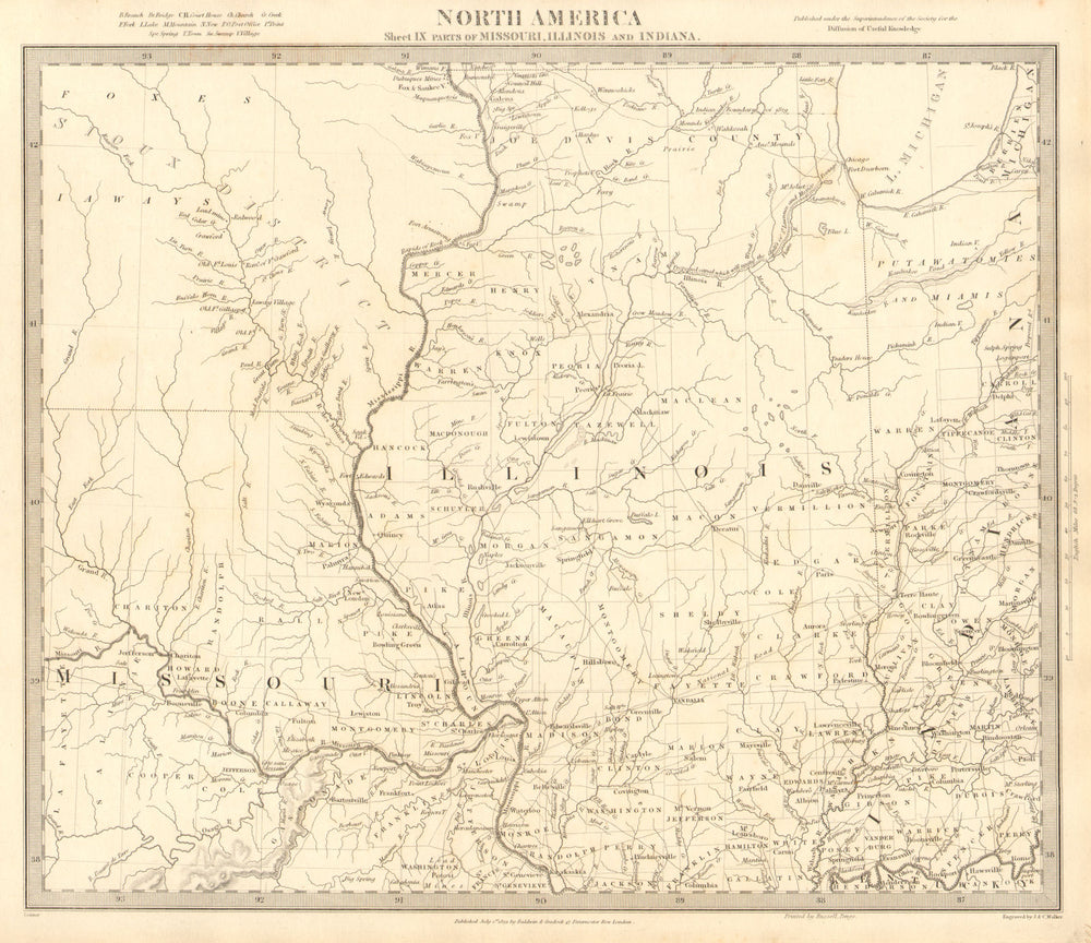 USA. Missouri Illinois Indiana. Indian tribes villages borders. SDUK 1848 map