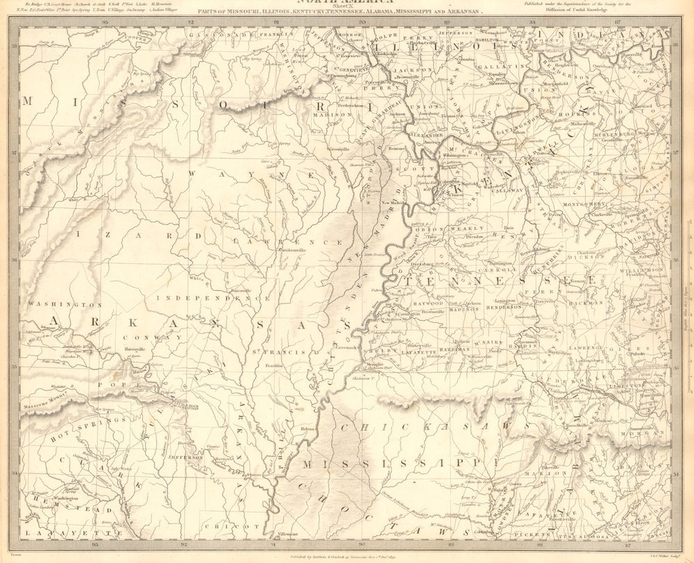 USA. AR MO TN MS IL IN KY AL. Choctaw Chickasaw boundaries. SDUK 1848 old map