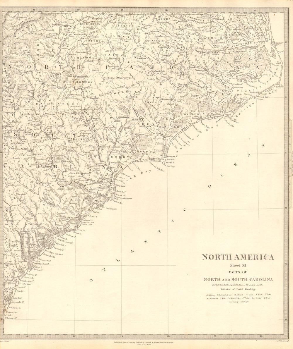 USA. Coastal North & South Carolina. Charleston.Cape Hatteras. SDUK 1848 map