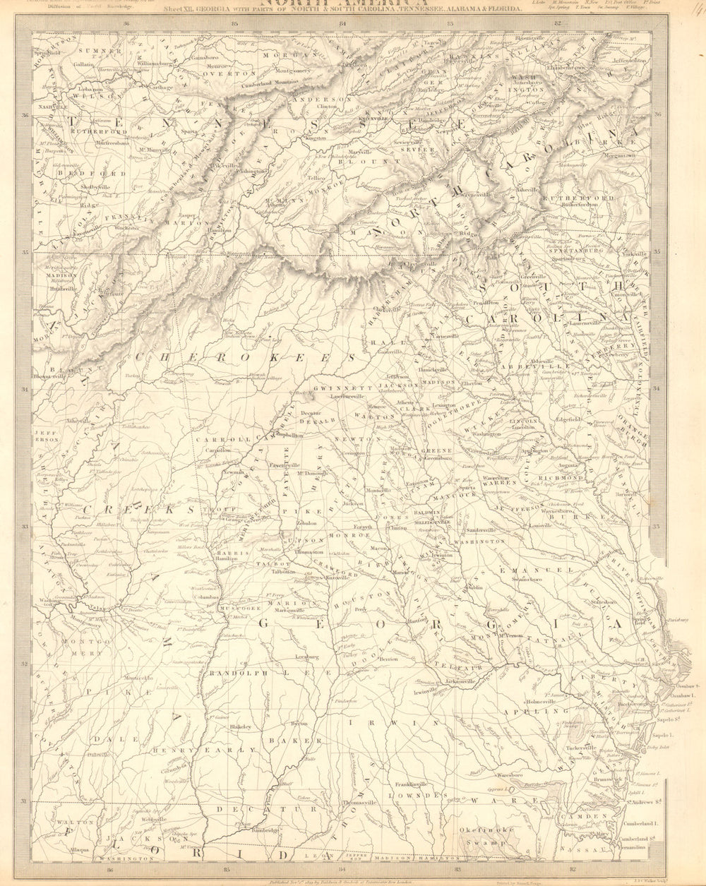 USA. Alabama Georgia Cherokee & Muscogee villages. TN NC SC FL. SDUK 1848 map