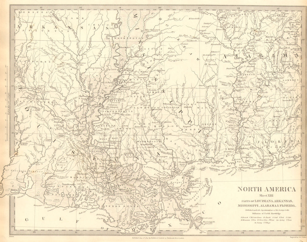 US GULF COAST.Louisiana Mississippi Alabama FL. Indian villages. SDUK 1848 map