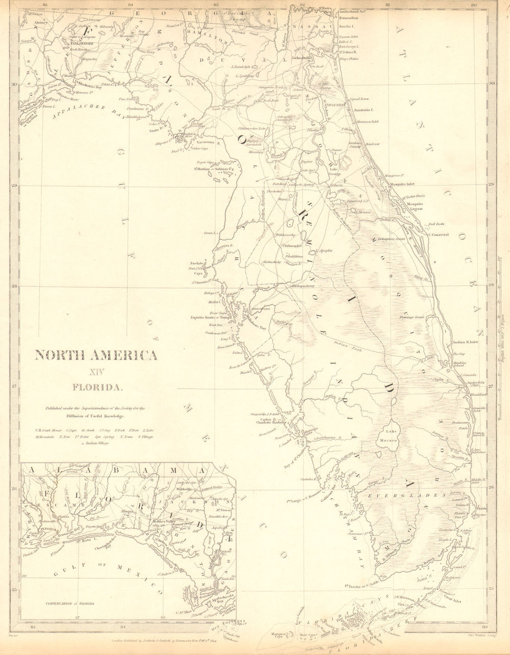 FLORIDA. Showing Seminole Indian reservation & villages.SDUK 1848 old map