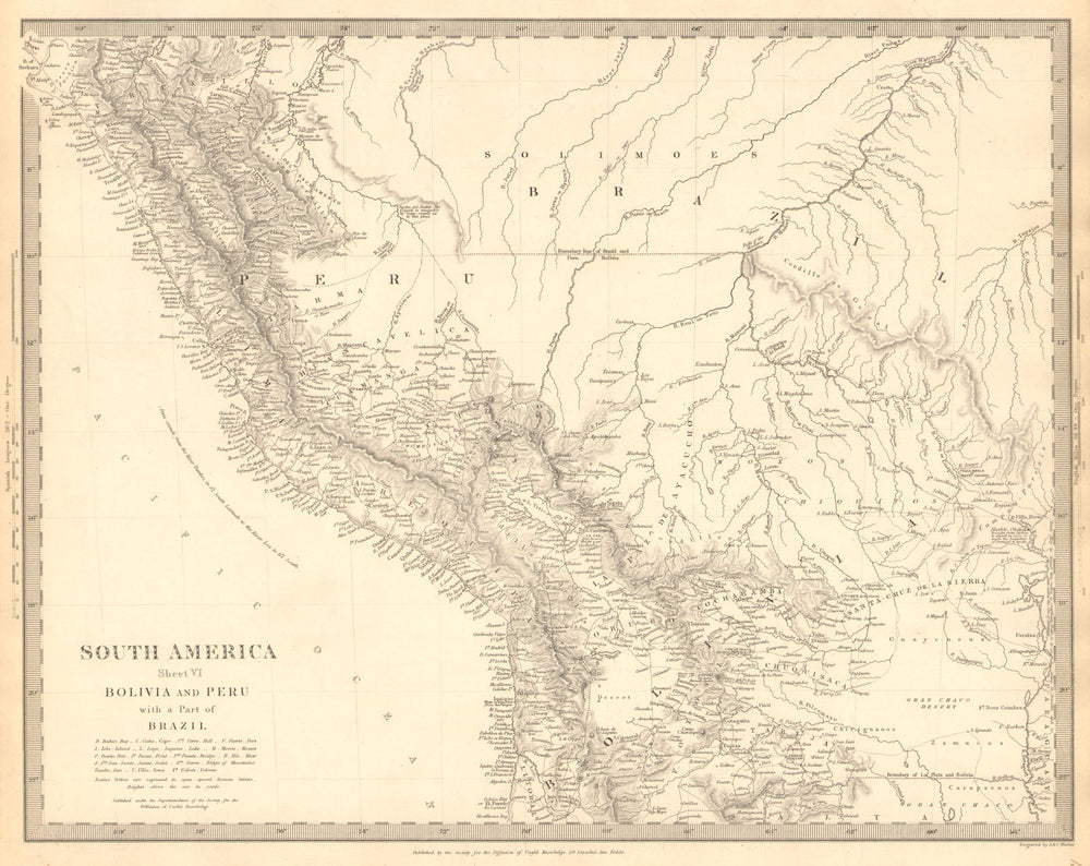 BOLIVIA AND PERU. with a part of Brazil. Indian tribes. SDUK 1848 old map