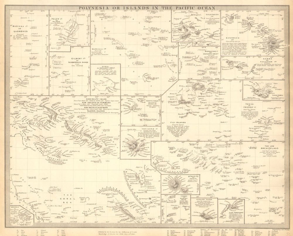 PACIFIC ISLANDS. Polynesia Hawaii Samoa Fiji Tonga Tahiti Cook. SDUK 1848 map