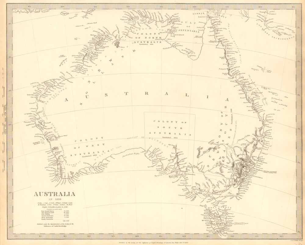 AUSTRALIA IN 1839. Shows dates colonies established. Population. SDUK 1848 map