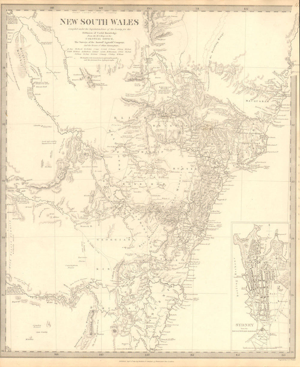 NEW SOUTH WALES. based on Cunningham routes. Inset Sydney plan. SDUK 1848 map