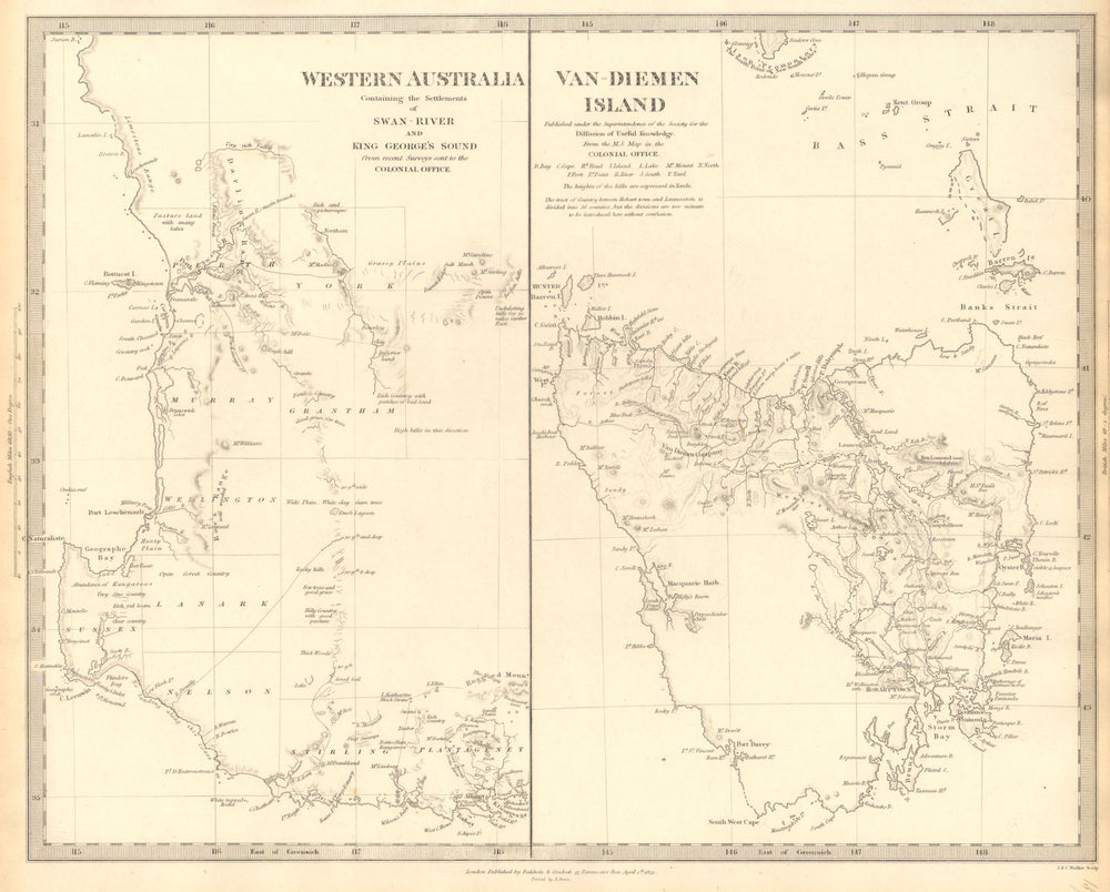 AUSTRALIA. Western Australia & Van Diemen's Land (Tasmania) . SDUK 1848 map