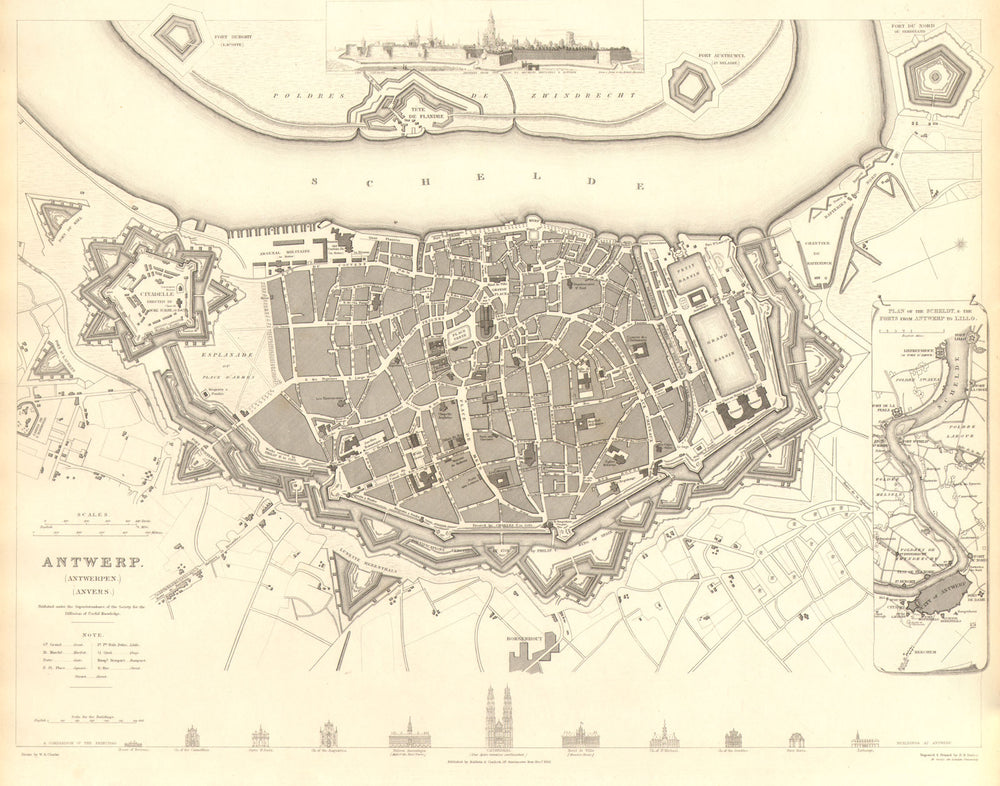 ANTWERP ANTWERPEN ANVERS. Town city map. Schelde forts Lillo. SDUK 1848