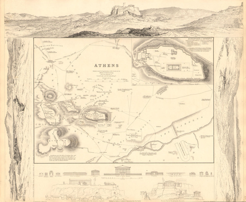 ATHENS. Αθήνα. Antique town city map plan; inset Acropolis. SDUK 1848 old