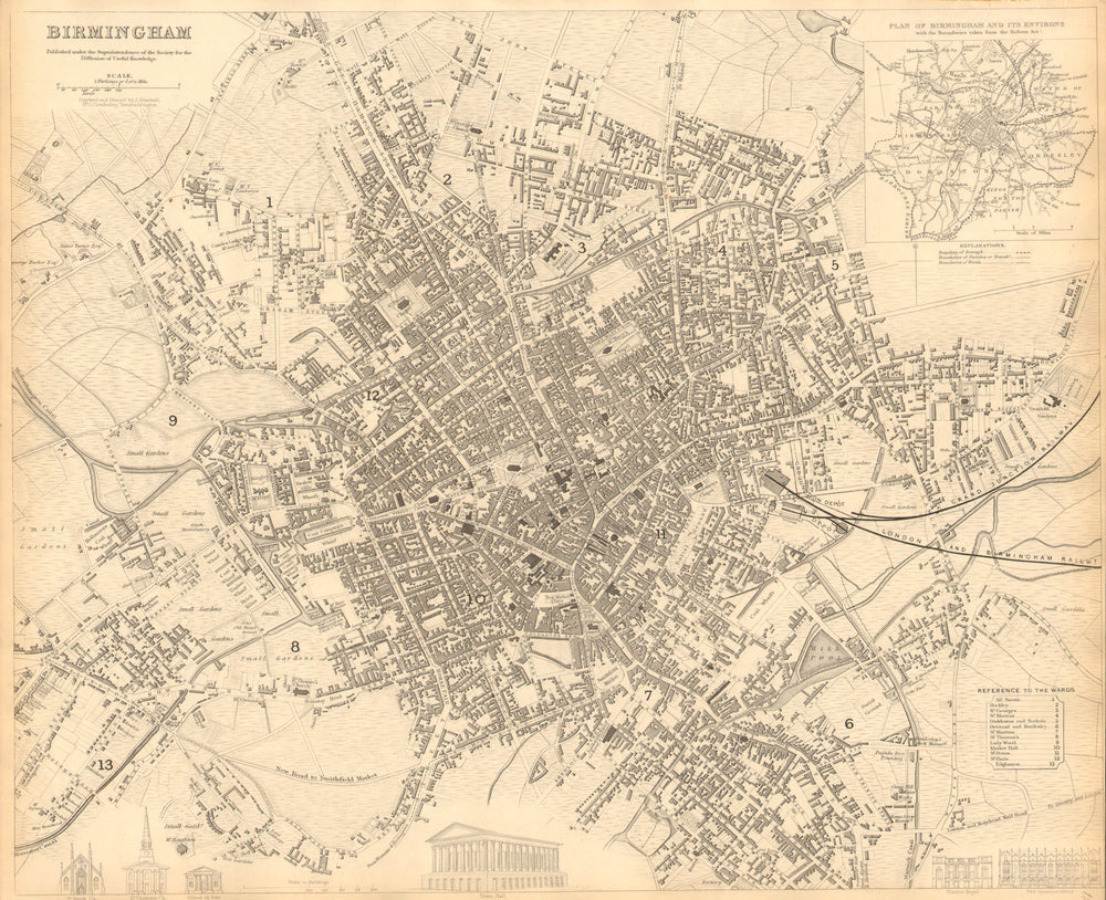 BIRMINGHAM. Antique town city map plan. Inset environs of Birmingham. SDUK 1848