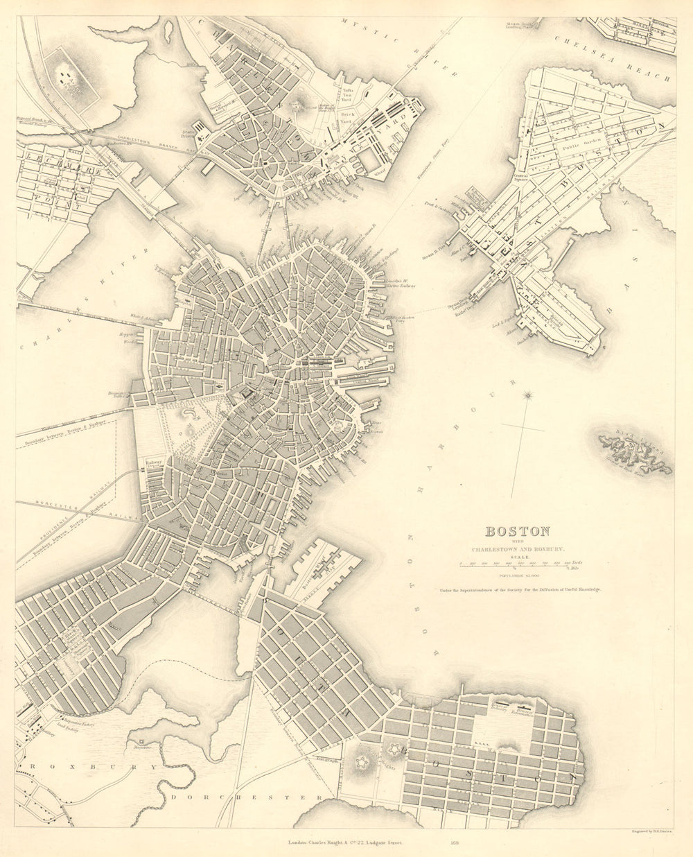 BOSTON WITH CHARLESTOWN AND ROXBURY. Antique town city map plan. SDUK 1848