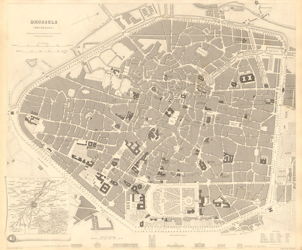BRUSSELS BRUXELLES BRUSSEL. Antique town city map plan.Inset environs.SDUK 1848