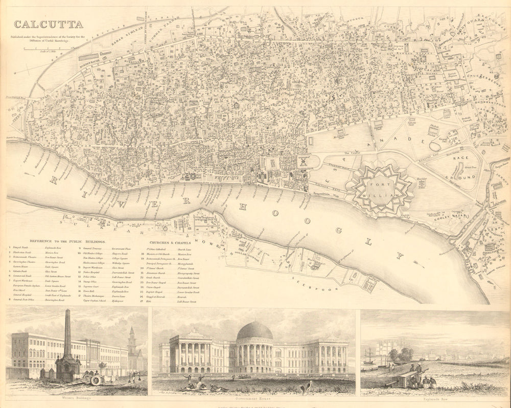 CALCUTTA KOLKATA. Antique town city map plan.Govt House.Esplanade Row.SDUK 1848
