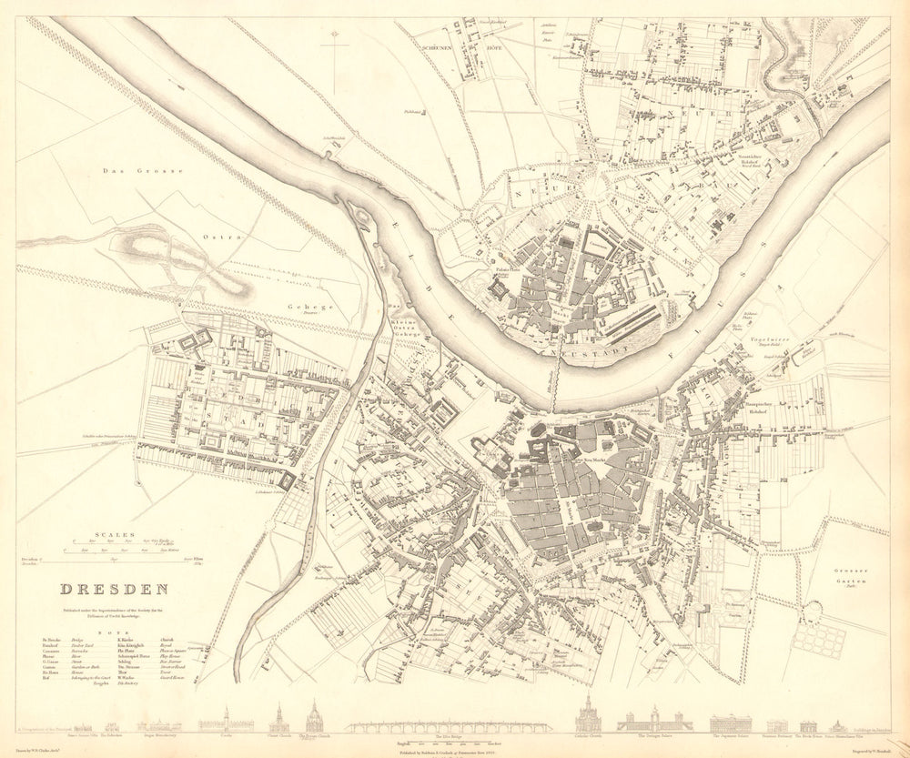 DRESDEN. Antique town city map plan. SDUK 1848 old chart