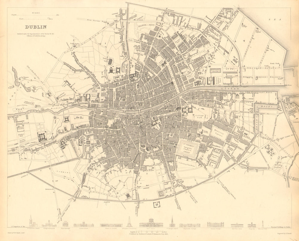 DUBLIN. Antique town city map plan. Key buildings profiles. SDUK 1848 old
