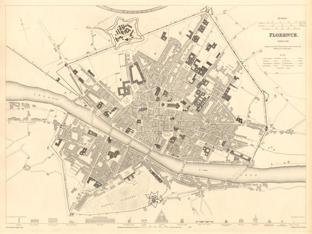 FLORENCE FIRENZE. Antique town city map plan. Key buildings profiles. SDUK 1848