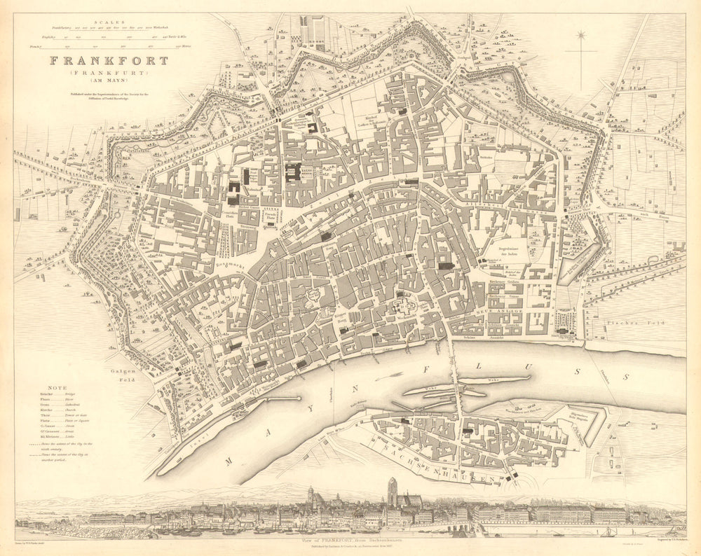 FRANKFURT AM MAIN. Antique town city map plan. Panorama.am Mayn. SDUK 1848