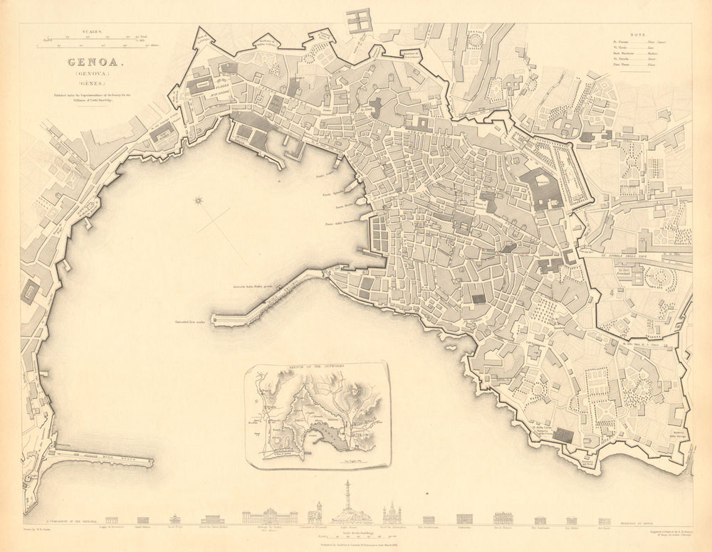 GENOVA (GENOA GÊNES) GÈNES. Antique town city map plan.Inset outworks.SDUK 1848