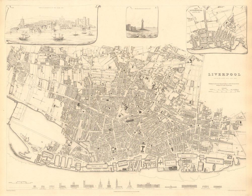 LIVERPOOL. Antique town city map.Inset view & plan in 1729. Buildings.SDUK 1848