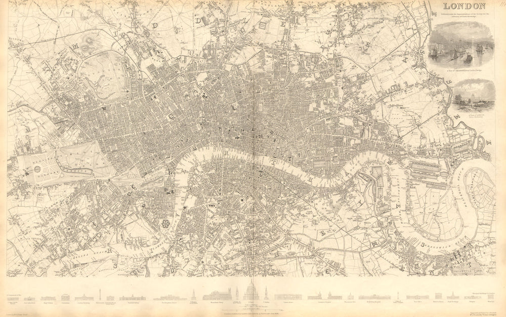 LONDON. Antique town city map plan. Profiles of main buildings. LARGE.SDUK 1848
