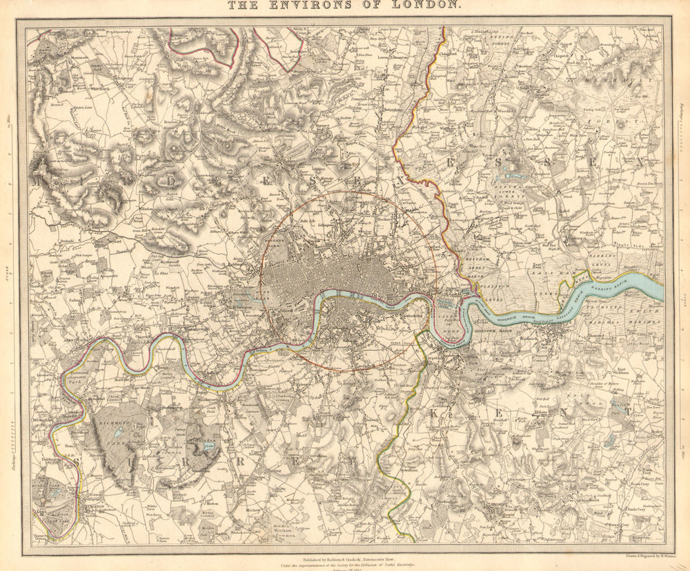 LONDON & ENVIRONS. Middlesex Kent Essex Surrey.  Coloured. SDUK 1848 old map
