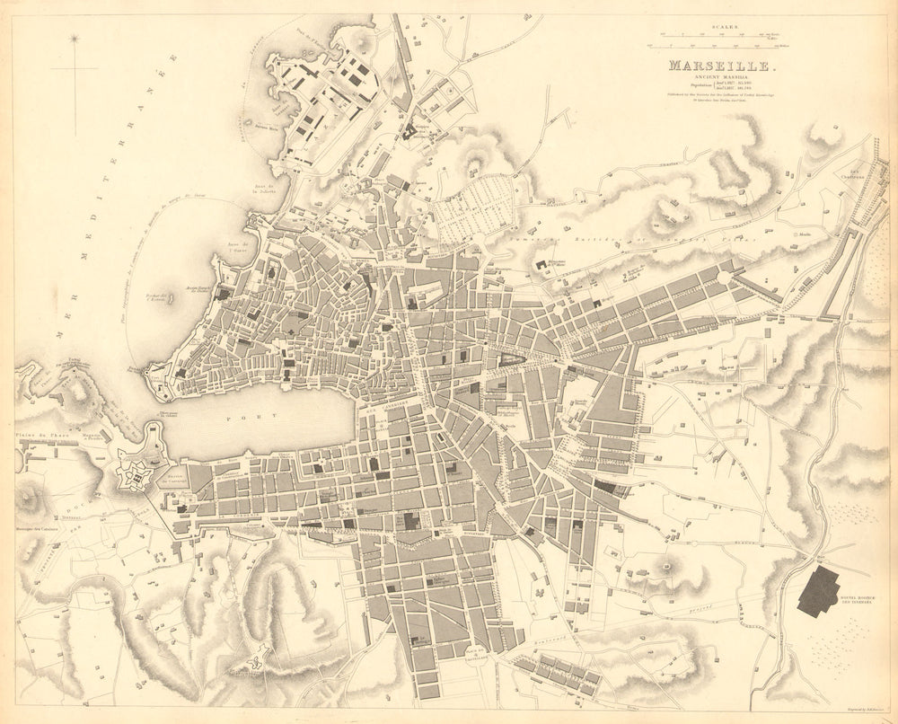 MARSEILLE. Antique town city map. Ancient Massilia. Marseilles. SDUK 1848