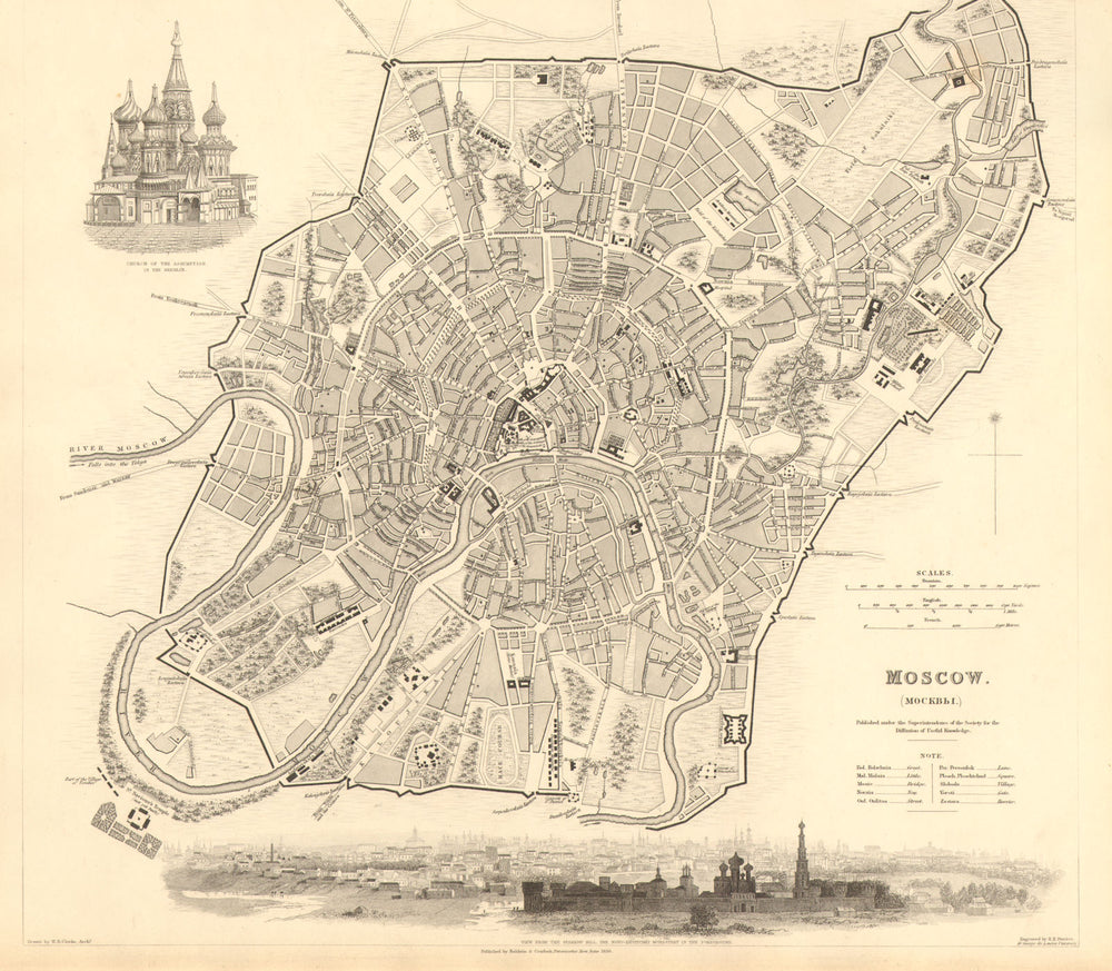 MOSCOW MOSKAU Москва. Antique town city map plan & panorama. SDUK 1848 old