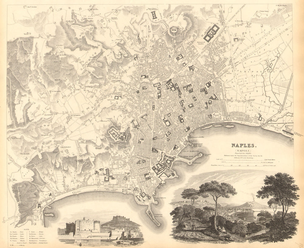 NAPLES NAPOLI. Antique town city map plan & view. Castello St Elmo. SDUK 1848