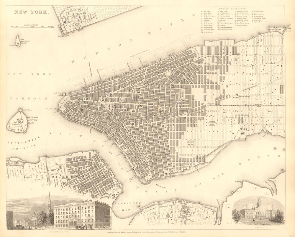 NEW YORK CITY. Antique town city map plan. Manhattan Brooklyn Jersey. SDUK 1848