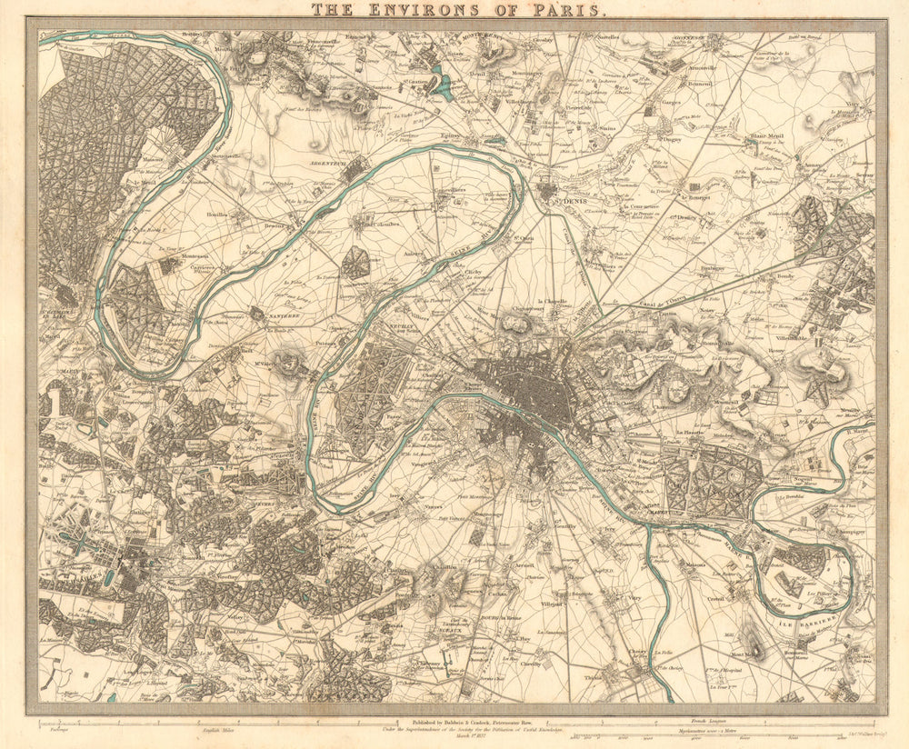PARIS ENVIRONS. Paris. Versailles. Original hand colour. SDUK 1848 old map