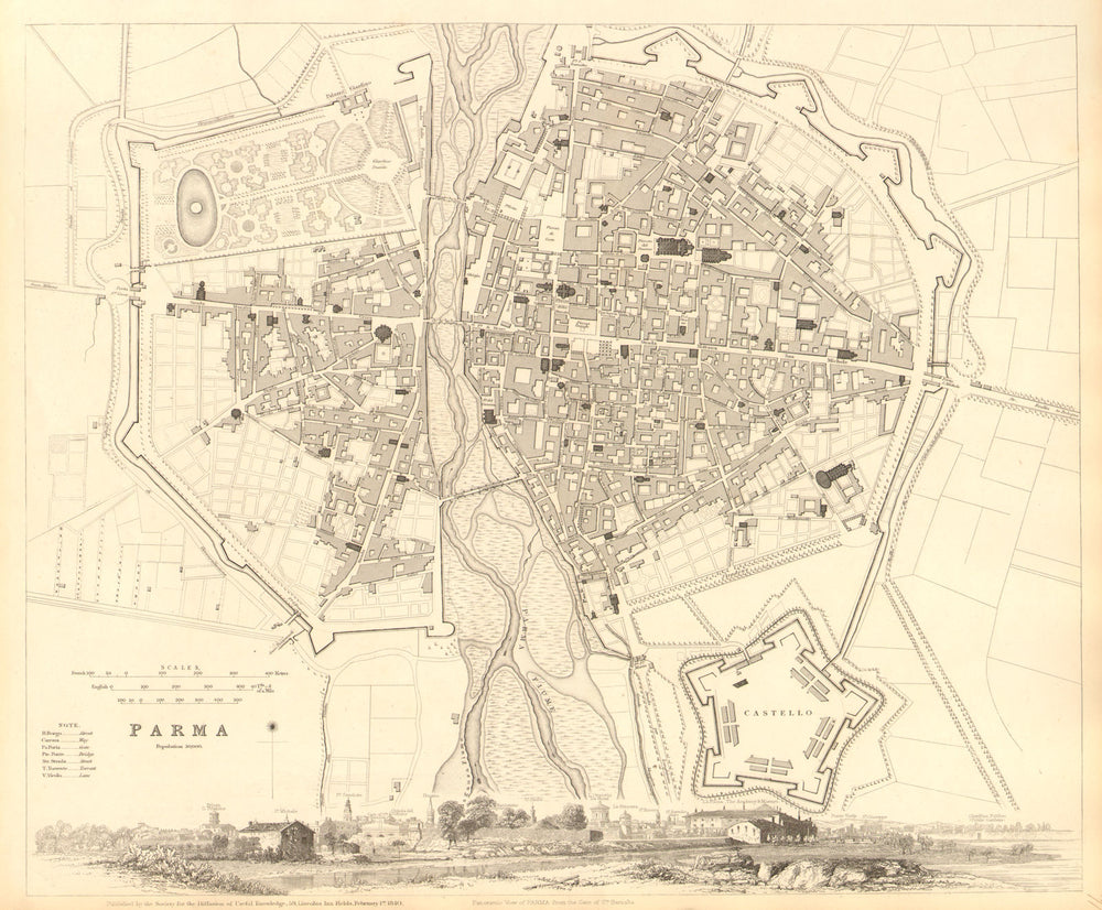 PARMA. Antique town city map plan & panorama. Parme. SDUK 1848 old