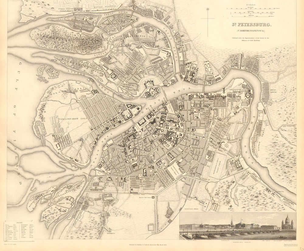 ST PETERSBURG Санкт-Петербург. Antique town city map plan. Panorama. SDUK 1848