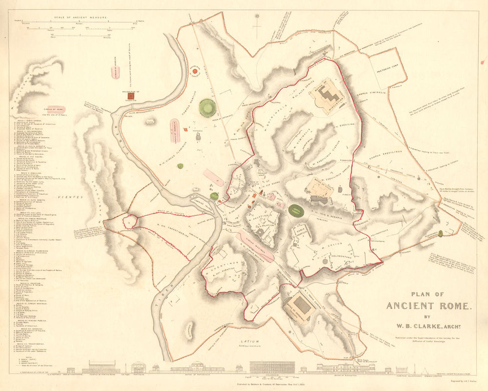 ANCIENT ROME ROMA. Antique town city map plan.Original hand colouring.SDUK 1848