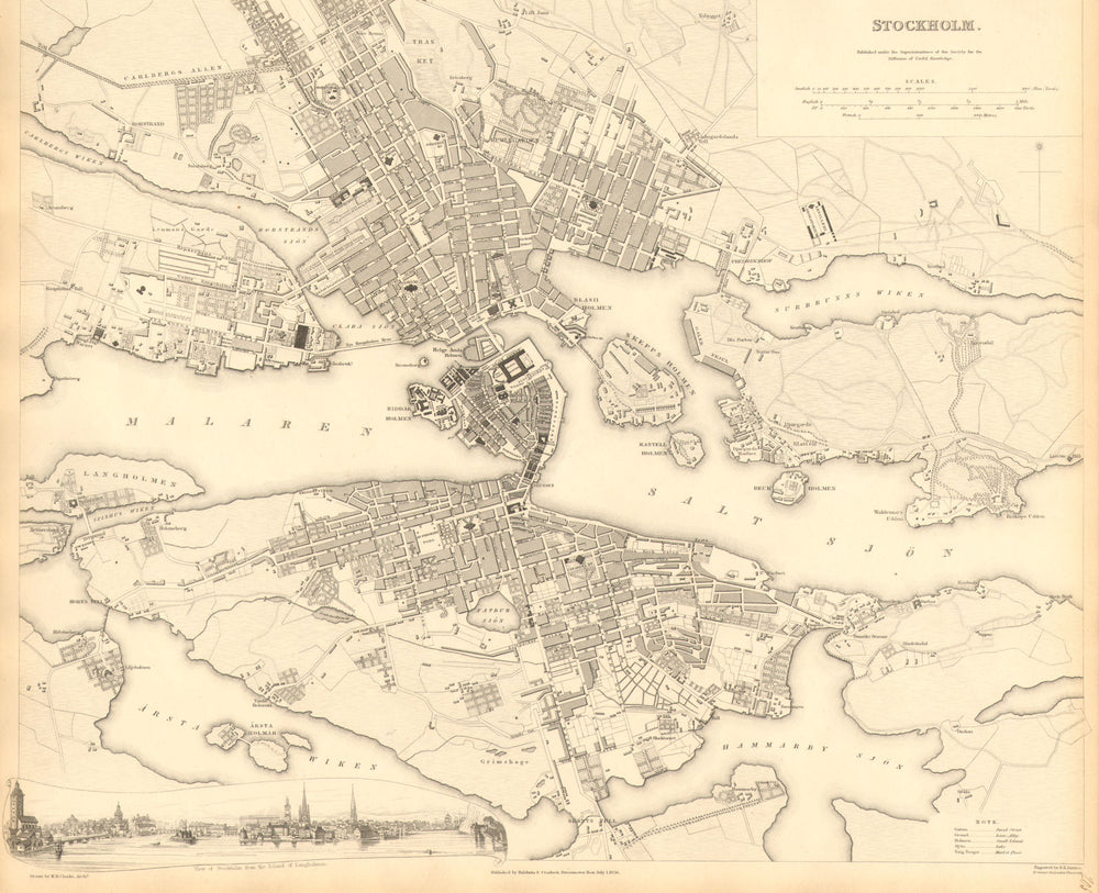 STOCKHOLM. Antique town city map plan. Inset panorama view. SDUK 1848 old