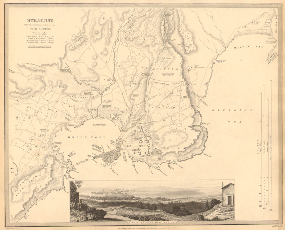 SYRACUSE SIRACUSA. Antique town city map plan.Remains of its 5 cities.SDUK 1848