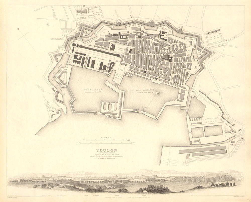 TOULON. Antique town city map plan.Ancient Telo Martius.Panorama view.SDUK 1848