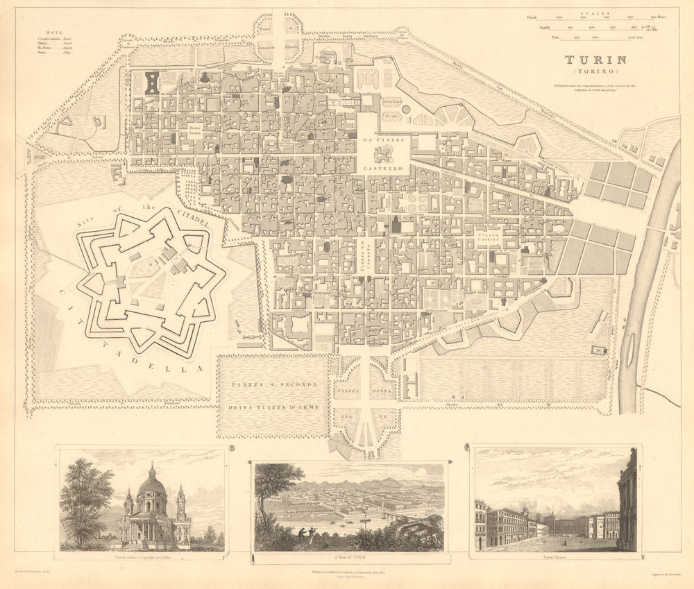 TURIN TORINO.Antique town city map plan.Panorama.Superga.Royal Palace.SDUK 1848