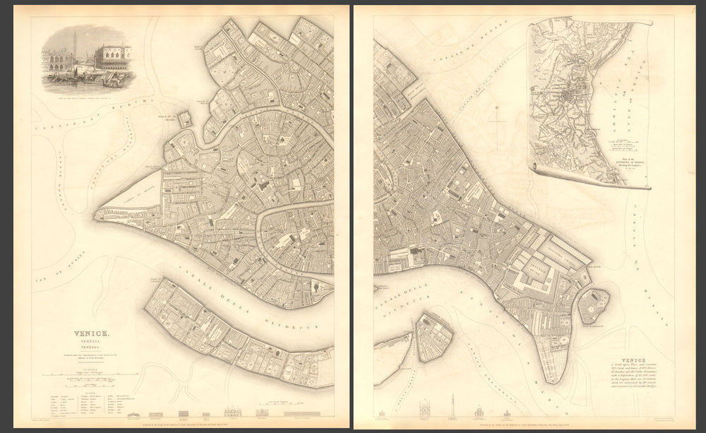 VENICE VENEZIA VENEDIG. Antique town city map plan. Environs. LARGE. SDUK 1848