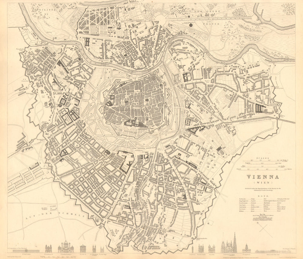 VIENNA WIEN. Antique town city map plan. Principal building profiles. SDUK 1848