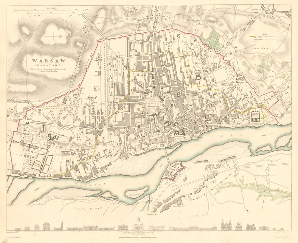 WARSAW WARSZAWA. Antique town city map plan. Building profiles.Colour.SDUK 1848