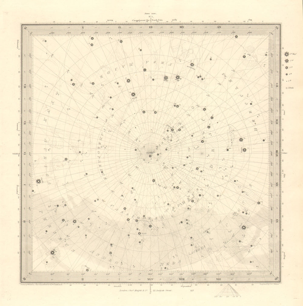 ASTRONOMY CELESTIAL. Star map. Star chart, V. North Pole. SDUK 1848 old