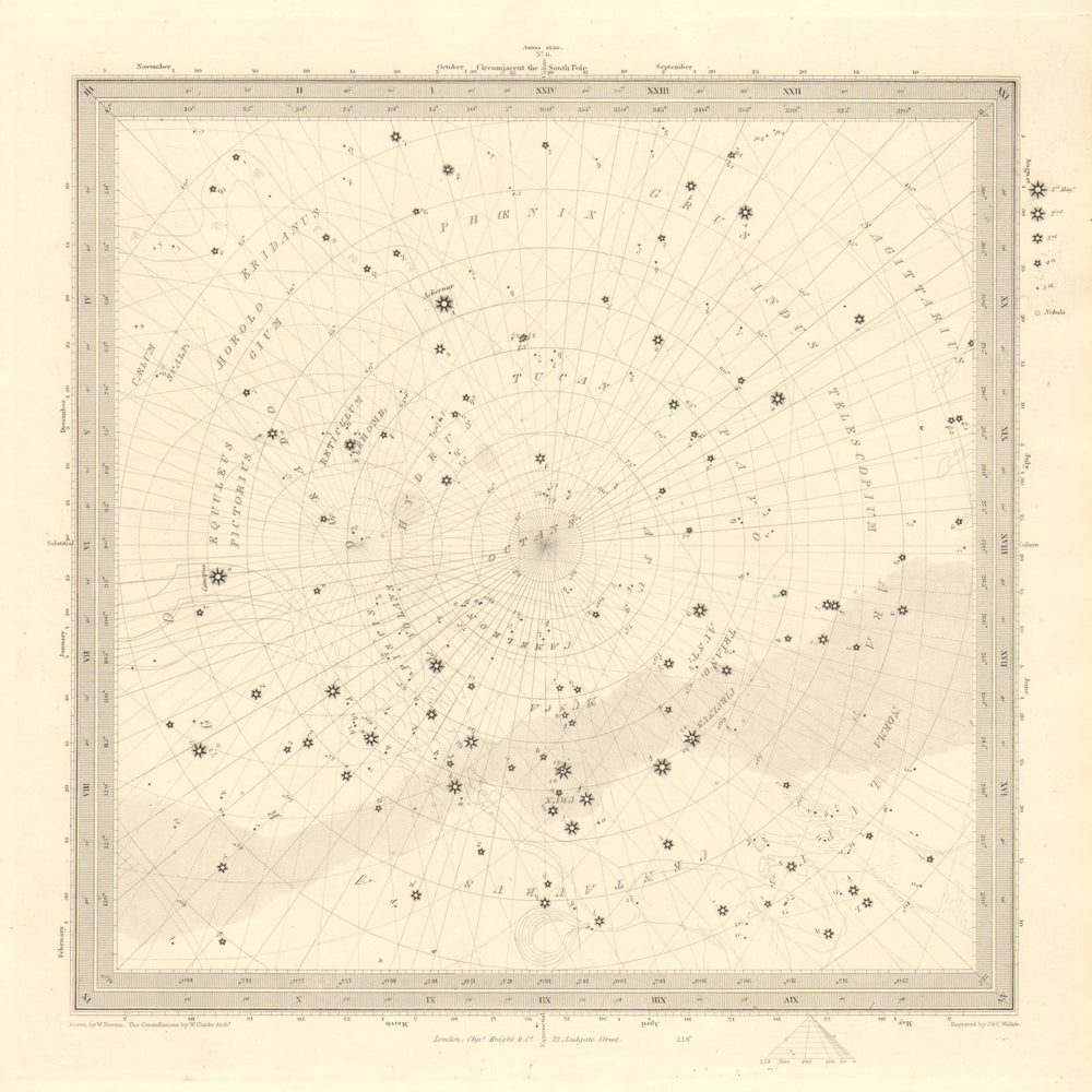 ASTRONOMY CELESTIAL. Star map. Star chart, VI. South Pole. SDUK 1848 old