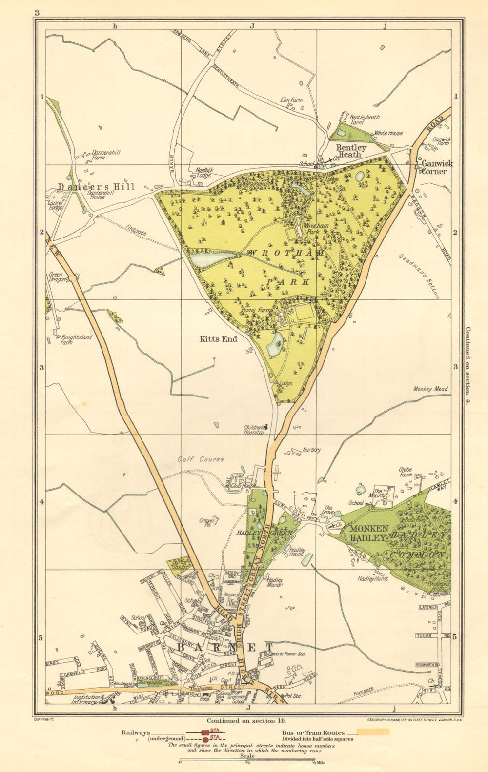 BARNET.Monken Hadley,Wrotham Park,Kitts End,Dancer's Hill,Ganwick Cnr 1923 map