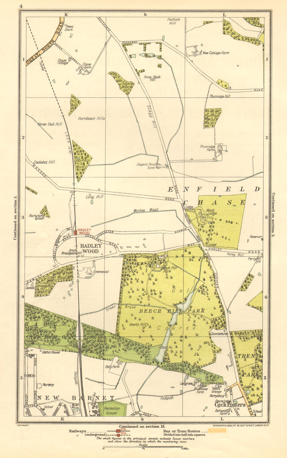 ENFIELD CHASE. Cockfosters, Hadley Wood, New Barnet, Beech Hill Park 1923 map